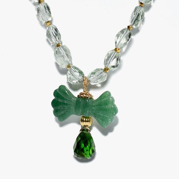 14KGold Filled Green Amethyst & Aventurine Ribbon Knotted OOAK Necklace